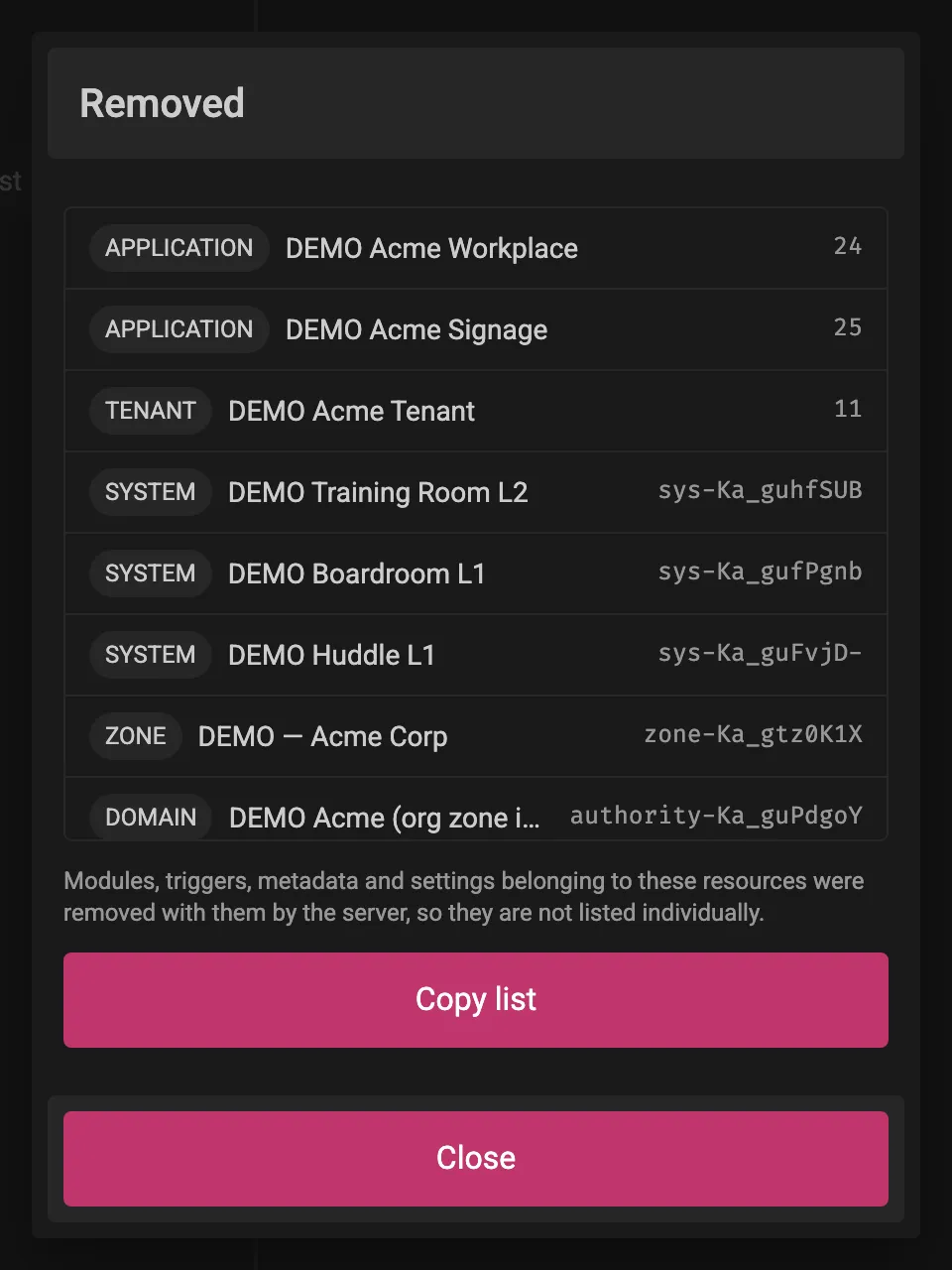 Removal list